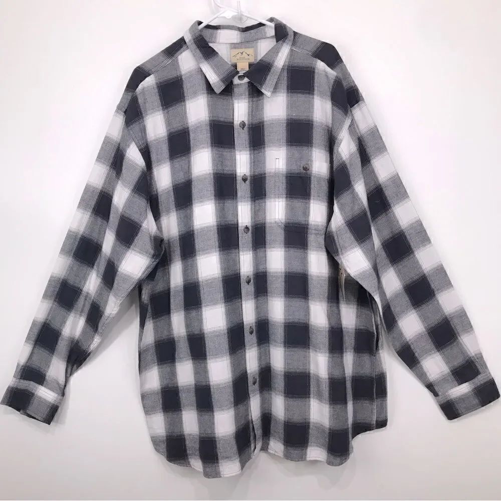 Blue Mountain Charcoal Gray White Plaid Flannel Button Down Casual Shirt